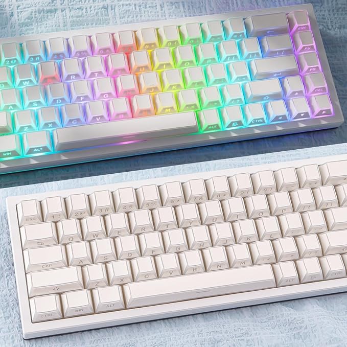 Hyekit White PBT Shine Through Keycaps, Cherry Profile Side Print RGB Backlit Keycaps for Mechanical Keyboards, 136 Keys Full Set with Shine Through Edges, Gaming Office Typing Custom Keycaps
