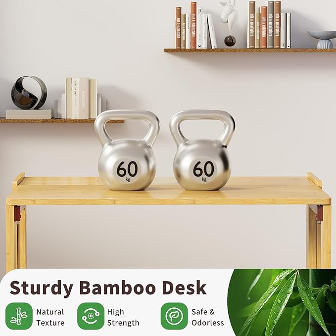 Bamboo Foldable Desk, Folding Desks for Small Spaces, Mid Century Small Computer Desk with Bookshelf for Bedroom Home Office, Natural