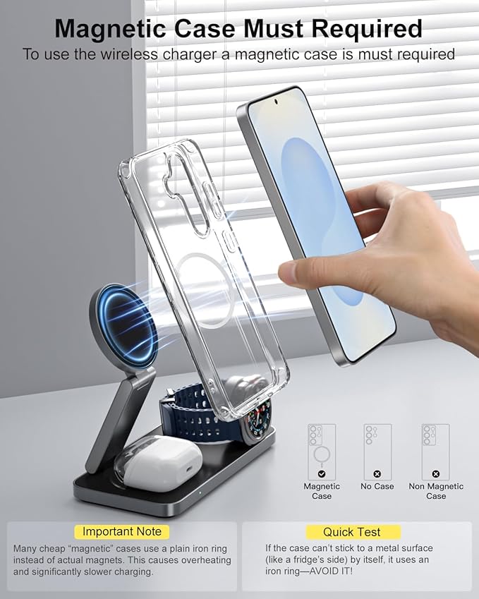 3-in-1 Charging Station for Samsung, Magnetic Fast Wireless Charger Stand Compatible with MagSafe for Galaxy S26/S25/S24/S23/Z Fold/Flip 7 Series, Galaxy Watch Ultra/8/7/6/5, Galaxy Buds Pro/4/3/2
