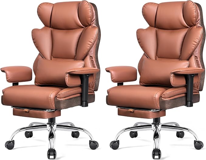 Big & Tall Executive Office Chair, 400 LBS Computer Desk Chair | 23.6" Extra-Wide Seat with Footrest, Ergonomic High Back with Lumbar Support, 3.2" Adjustable Arms, Brown PU Leather, 2 Pack