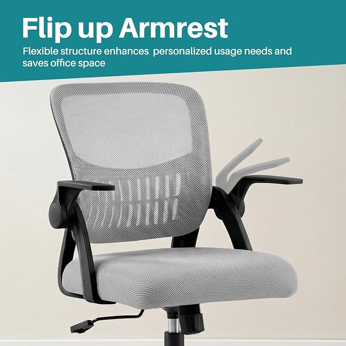 OLIXIS Ergonomic Office Desk Chair, Executive Mid-Back Computer Chair with Comfortable Lumbar Support & Rocking Mode, Height Adjustable with Flip-up Armrest, 360° Swivel, for Adults, Grey