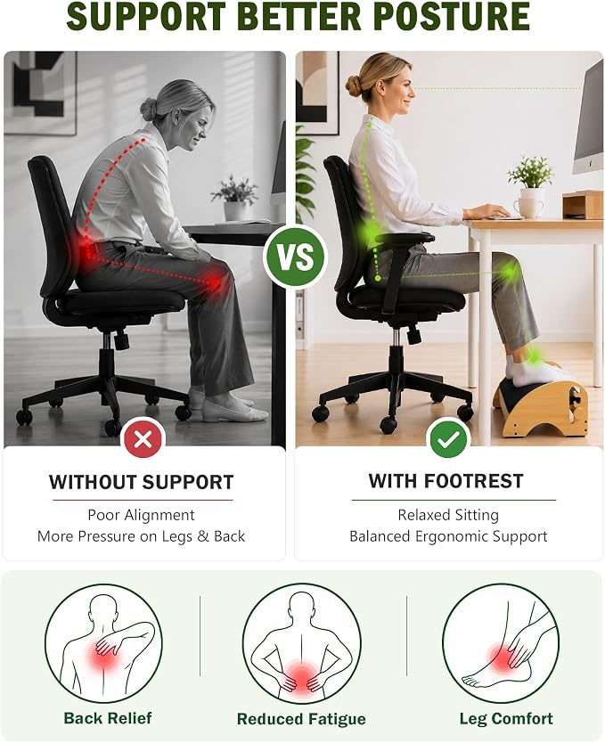Bulado Wooden Foot Rest Under Desk, Ergonomic 4-Height Adjustable Footrest | Removable Memory Foam Cushion, Non-Slip Base, Stable Design, Office, Home Office, Long Sitting Comfort