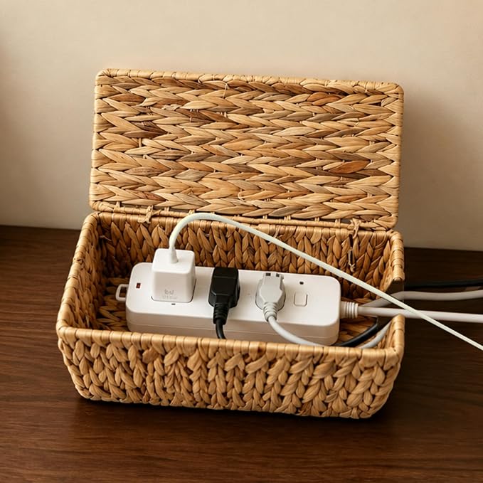 Cable Management Box, Small Cord Organizer Box for Power Strip | Handwoven Water Hyacinth Storage Basket with Metal Frame, Decorative Cable Organizer for Desk, Office, Living Room & Bedroom