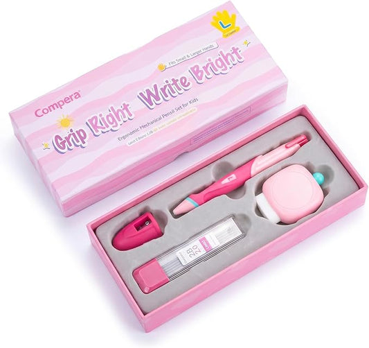 Ergonomic Pencil Set, 2.0mm HB Mechanical Pencils for Kids, School Supplies Include Sharpener, Eraser & 6 Extra Leads – Handwriting Aid for Preschool, Kindergarten, Homes, Pink, L