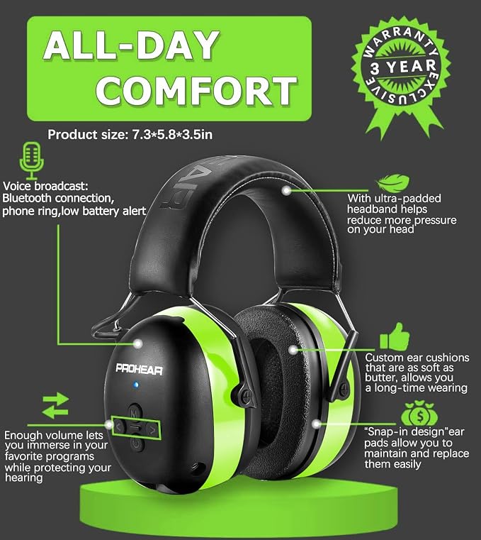 PROHEAR 037 Bluetooth 6.0 Hearing Protection Headphones with Rechargeable 1500mAh Battery, 30dB SNR Safety Noise Reduction Ear Muffs 120H Playtime for Mowing, Workshops, Snowblowing - Green