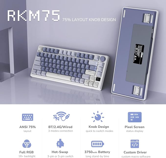 RK ROYAL KLUDGE M75 Mechanical Keyboard with OLED Smart Display and Volume Knob, 2.4G/USB-C/BT Gasket Mounted 75% Layout Wireless Gaming Keyboard with 81 Keys, RGB Backlit Hot-Swappable Red Switch