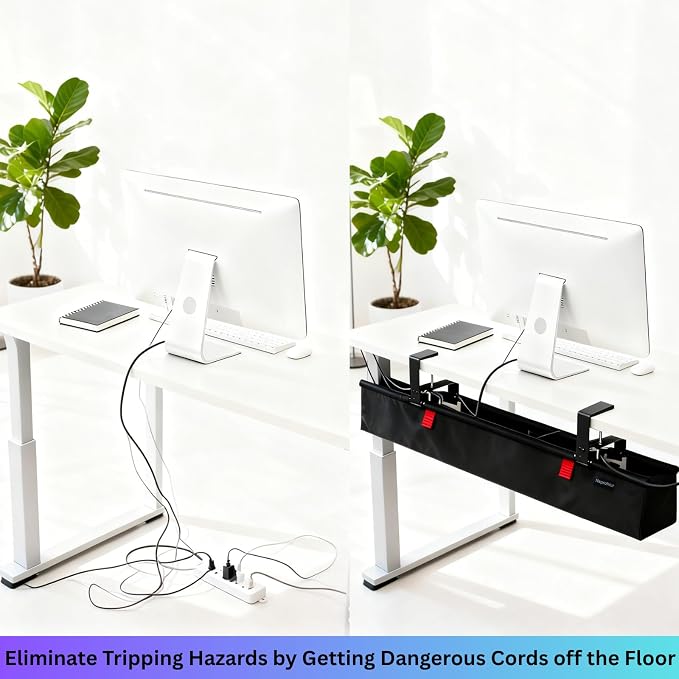 Under Desk Cable Management Tray, 36" Large No Drill Cord Organizer with Easy to Clean Oxford Fabric, Clamp On Power Stripe Holder for Home Office & Gaming Space to Hide Wires