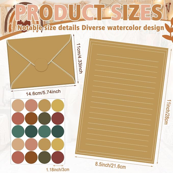 TaoBary 160 Packs Stationery Paper Set (50 Double Sided Stationery Writing Papers 50 Matching Envelopes) 60 Round Dot Sticker, 10 Design(5.5 x 8.25 Inch,Bohemia Color)