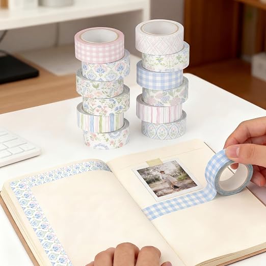 Gueevin 24 Rolls Watercolor Floral Washi Tape Set 15 mm Seasonal Flower Decorative Washi Tape for Craft Arts DIY Scrapbook Journaling Supplies Gift Wrapping(Flower and Bows)