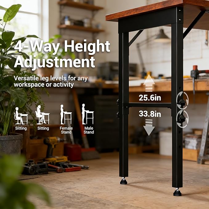 Heavy Duty Adjustable Workbench Legs with Rubber Pads, Set of 4 Height Adjustable 25.6" to 33.8" Table Legs for DIY Computer Desk, 19.6" Depth Workbench Frame Kit for Industrial Furniture & Study Desk
