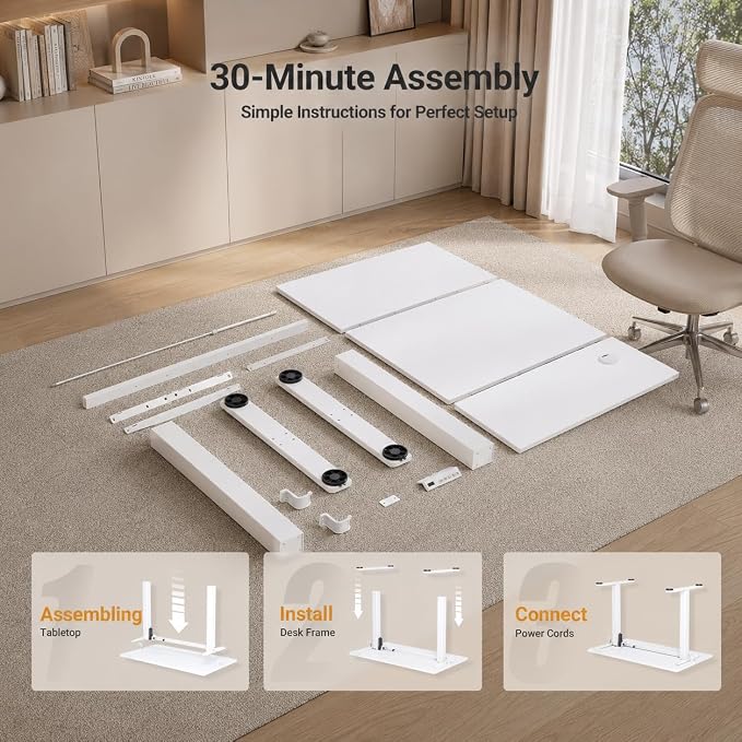 Claiks Electric Standing Desk 48x24 Inch Adjustable Desk, White | 156lbs weight capacity, 3 memory presets, industrial steel frame, cable management hub, adjustable height , easy assembly