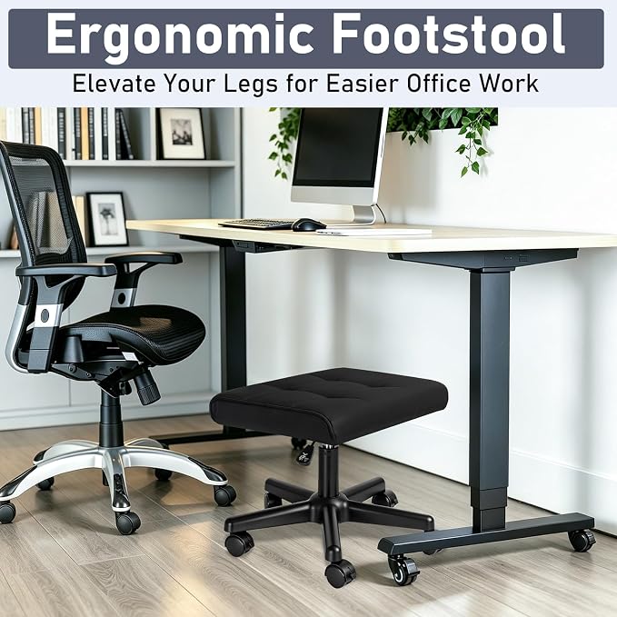 Footrest Under Desk Leg Rest Ottoman Adjustable Height Foot Stool with Wheels Leather Footrest for Home Office, Large (Black)