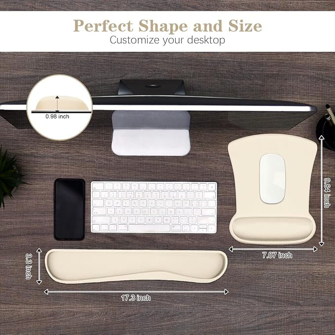 Ergonomic Keyboard Wrist Rest Memory Foam and Soft Gel Mouse Pad | Smooth Surface, Anti-Slip Base, Easy Typing and Pain Relief for Gaming, Office, Laptop, Apricot