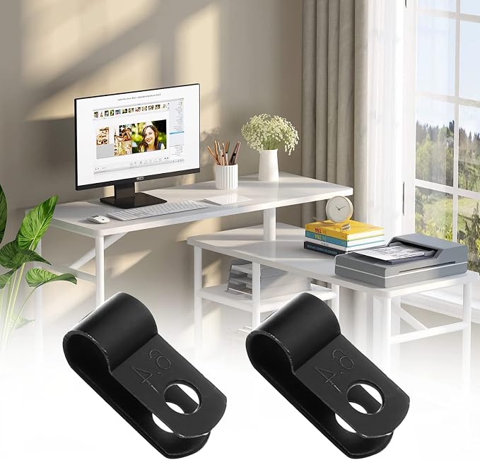 1/4 Inch Nylon Cable Clamps, Black, 60pcs R-Type Wire Cable Clips | M4 Screws Included, Screw Mounting Cord Fastener, Wire Conduit Clamp, for Wire Management