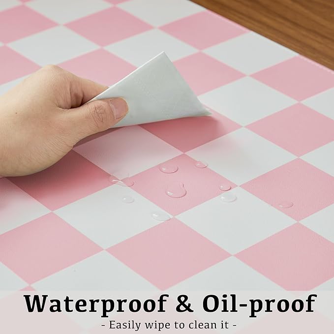 Checkered Desk Mat, Large Cute Aesthetic Retro PU Leather Computer Laptop Desk Mat, Non-Slip Waterproof Mouse Keyboard Pad, Desk Writing Mat for Work/Home (Pink, 23.6" x 13.7")