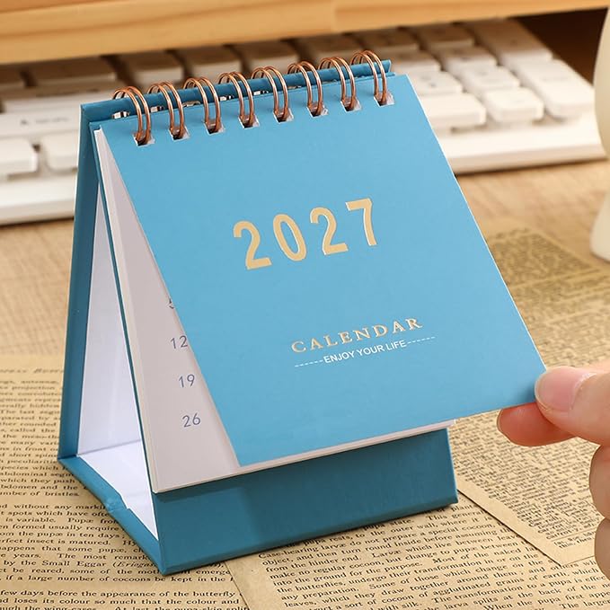 Mini Desk Calendar 2026-2027 - Runs From January July 2026 until Dec 2027, 18-Month Small Desktop Calendar 250gsm Thick Paper Twin-Wire Binding for Home or Office (Blue)