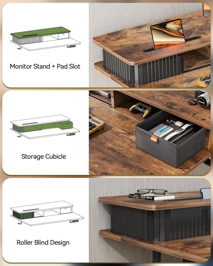 JOY worker 35" Small Electric Adjustable Desk with Monitor Stand & Drawer | Rustic Brown 35" x 25" Height Adjustable Desk for Tight Space, Shutter Door & Shelf, Sit Stand Desk with 2 Hooks, Home Office