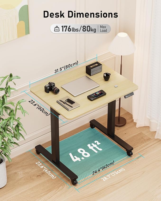 32" Small Rolling Electric Standing Desk Adjustable Height for Home Office | Mobile Sit Stand up Desk with Lockable Casters for Computer Workstation, Memory Preset, 2 Hooks, Black Frame/LightWalnut Top