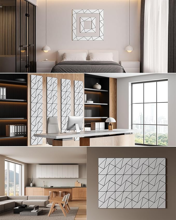 12-Pack Felt Acoustic Panels,12"x12"x0.4" Soundproof Wall Panels, Peel & Stick Sound Proof Foam Panels for Walls, Geometric Noise Reduction Panels for Home Office,Studio (White on Black)