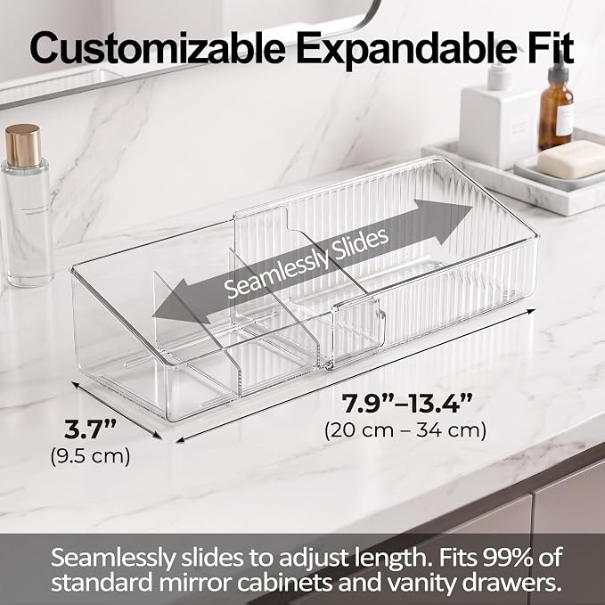 JessLab Expandable Mirror Cabinet Organizer, Clear Adjustable Makeup Bin with Dividers, Skincare Storage, Cosmetic Display Case for Bathroom Vanity Drawer, 1 Pack