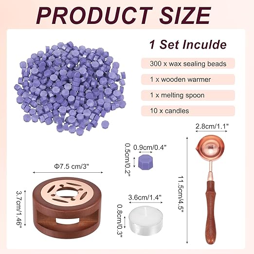 PATIKIL Wax Seal Kit, 300 Pcs Wax Sealing Beads, Wooden Warmer, Melted Spoon, 10 Pcs Tealight Candles for Envelope Letter Mailing Crafts DIY, Pearl Purple