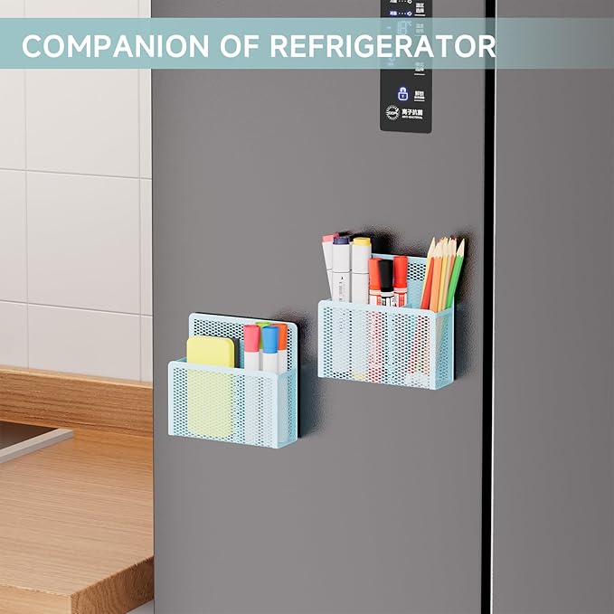 Marbrasse Magnetic Dry Erase Marker Holder, Mesh Pen Holder for Whiteboard，Magnet Pencil Organizer Storage for Refrigerator Locker Accessories Organizer for Home, School and Office(Blue)