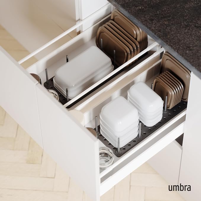Peggy Kitchen Drawer Cupboard Organizer Tray - Adjustable Storage System For Food Containers, Cookware, Serveware, Utensils and More, Grey | Non-slip feet, fits cabinets or shelves, quick assembly, 32 pegs included, impact-resistant plastic