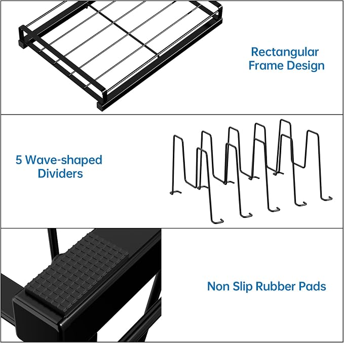 Small Food Container Lid Organizer with Adjustable 5 Dividers Black | Full Metal Pot and Pan Organizer Rack for Home Kitchen Cabinets, Drawers, Cupboards, Pantry Shelves Storage