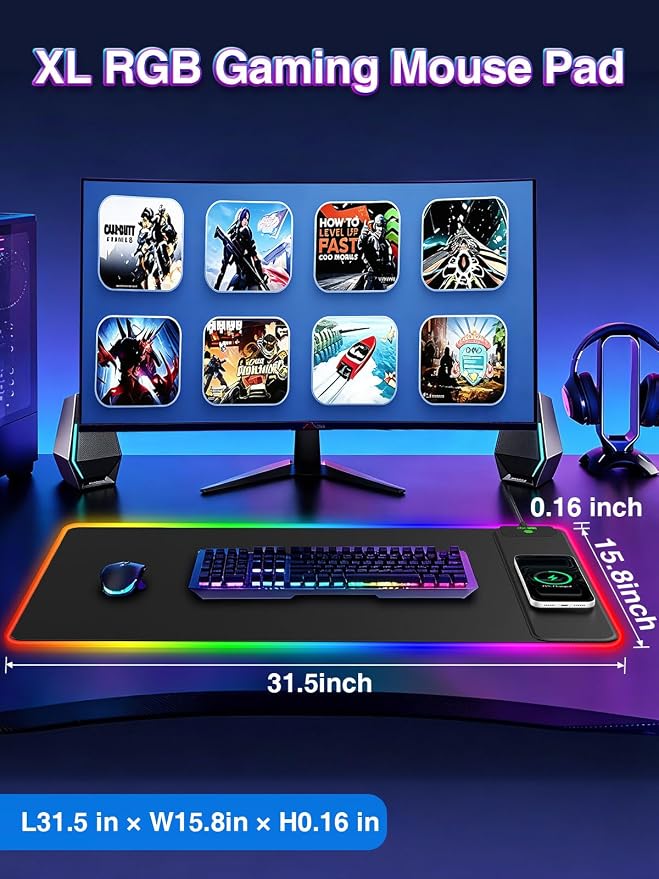 XXL RGB Gaming Mouse Pad with 15W Magnetic Wireless Charger | 31.5'' x 15.8'' Extra Large LED Desk Mat, 24 Light Effects, Non-Slip Rubber Base, Waterproof Easy Gliding Surface