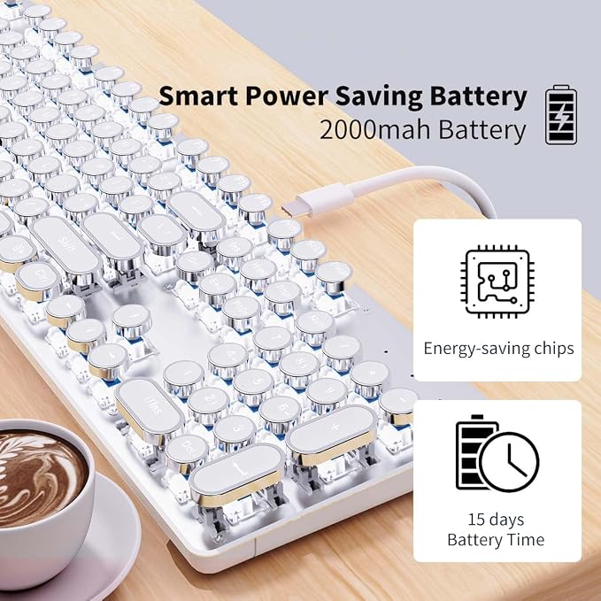 SEUNKWANG EWEADN TK950 Typewriter Keyboard Wireless Mechanical Keyboard, 104 Keys Aesthetic Typewriter Keyboards with White Backlit, Anti-Ghosting, Blue Switch Bluetooth/2.4GHz/Wired Keyboards-White