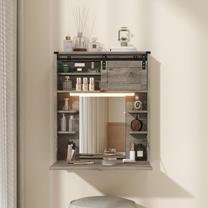ARTETHYS Floating Vanity Desk with Mirror and Lights Small Wall Mounted Makeup Set with Storage Gray Farmhouse Dressing Table for Tiny Space