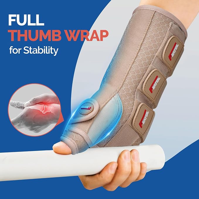 FEATOL Carpal Tunnel Wrist Brace Night Support, Thumb Spica Splint Left Hand for De Quervains Tenosynovitis, Tendonitis, Thumb Brace for Women Men, Beige, Small/Medium