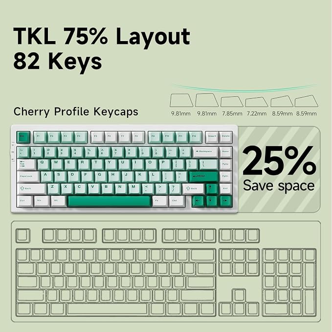 MCHOSE G75 PRO 75% Wireless Mechanical Keyboard, TKL Keyboards Tri-Mode BT5.0/2.4GHz/USB-C, Hot Swap Custom Creamy Keyboards Linear Switch, Double Shot PBT Keycaps RGB LED Backlit, White&Green