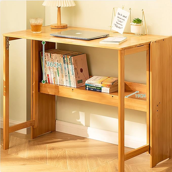 Folding Computer Desk with Bookshelf Bamboo Portable Foldable Table for Writing, Studying, Gaming Folding Desk for Student Office