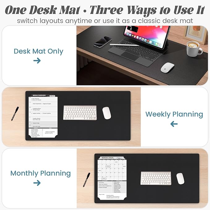 Large Dry Erase Desk Mat with Weekly & Monthly Dry Erase Planners | Reversible Dual-Texture Desk Pad with interchangeable Planning Pages, 16"x34"