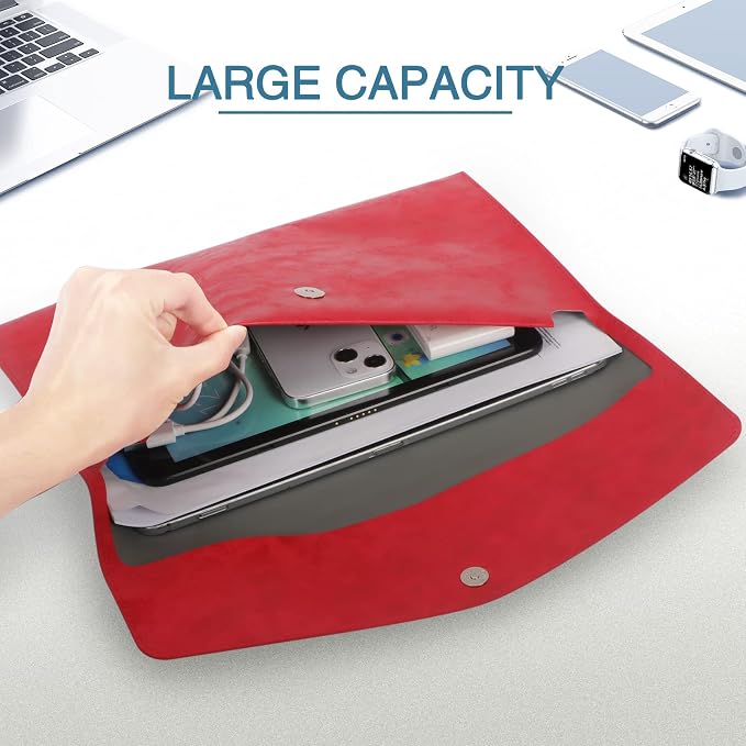 FYY File Folder - PU Leather A4 Document Holder File Organizer Filing Envelope Portfolio Case Tablet Sleeve with Magnetic Snap Closure for Home School Office Stationery Red
