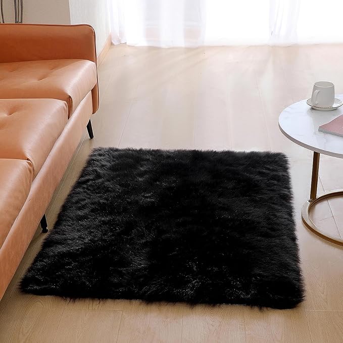 linmopm Faux Fur Sheepskin Rug, Black, 3x4 ft | Shag Fluffy Fuzzy, Rectangle, High-Density Cushion, For Bedroom Bedside Living Room, Plush Sofa Cover