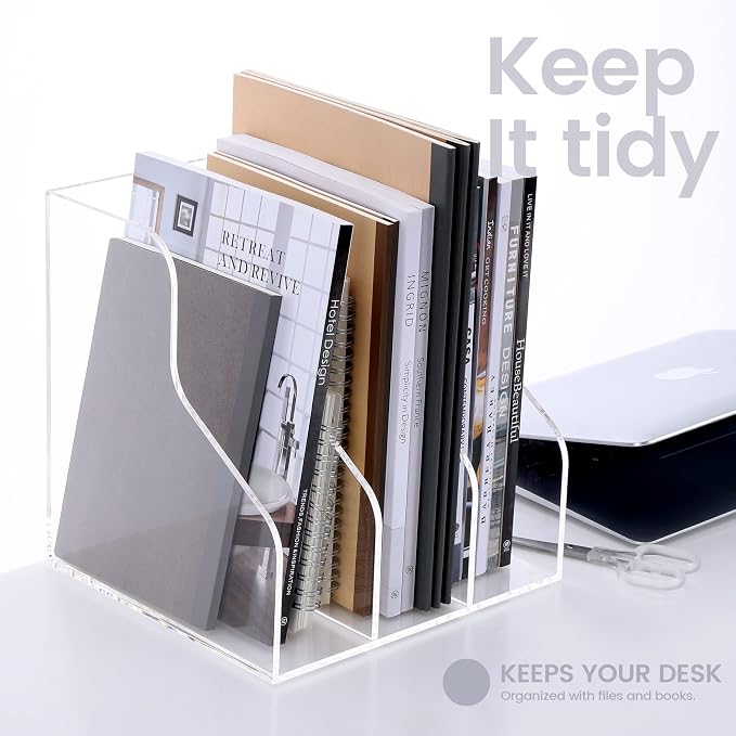 HeZone Desk File Organizer, Acrylic Magazine File Holder with 3 Vertical Compartments Rack File Sorter for Office Home Classroom Desk Organization, Clear…