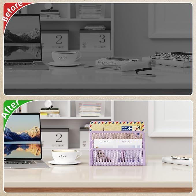Marbrasse Mail Organizer for Desk, 3-Slot Mesh Metal Mail Holder countertop, Letter Holder, Office Desktop Envelope and Document Storage Rack (Purple)