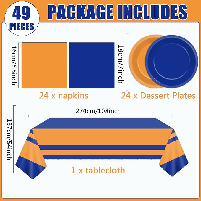 Blue and Orange Party Supplies Serves 24 Orange and Blue Decorations Party Paper Plates and Napkins Plastic War Birthday Tablecloth Dart Disposable Tableware Set for Baby Shower Graduation