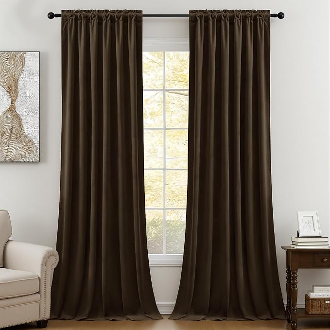 Brown Brown Velvet Curtains 96 Inches for Bedroom, Luxury Light Blocking Thermal Insulated Curtain Soundproof Soft Room Darkening Drapes for Living Room, Back Tab Rod Pocket, W52 x L96, 2 Pcs