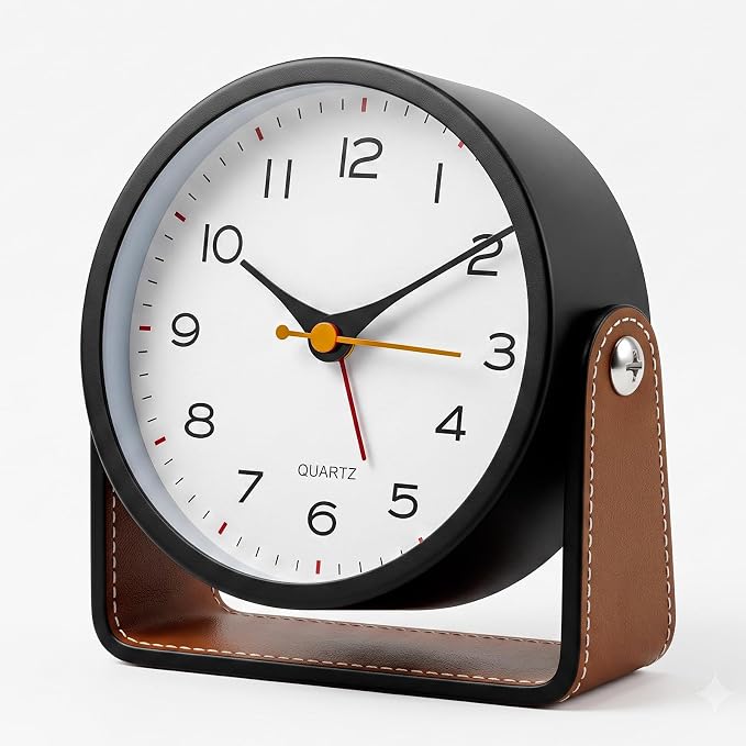 Analog Alarm Clock - 4.5" Silent Non Ticking Small Clock with Light, Rotatable Stand Metal Desk Clock Battery Operated, Simple Design for Living Room Decor/ Bedroom/Bedside/Shelf (Black & Brown)