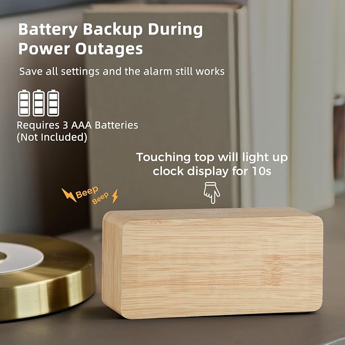 uscce Wooden Digital Alarm Clocks for Bedrooms with 0-100% Dimmable Display | Desk Clock with Large Numbers for Living Room - Loud Dual Alarm for Heavy Sleepers with Volume Control - Wood Decor & Gifts