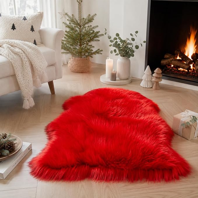 EasyJoy Ultra Soft Faux Fur Rug Fluffy Sheepskin Rug for Bedroom Living Room Sofa Bedside Floor(2 x 3 ft Sheepskin, Red)