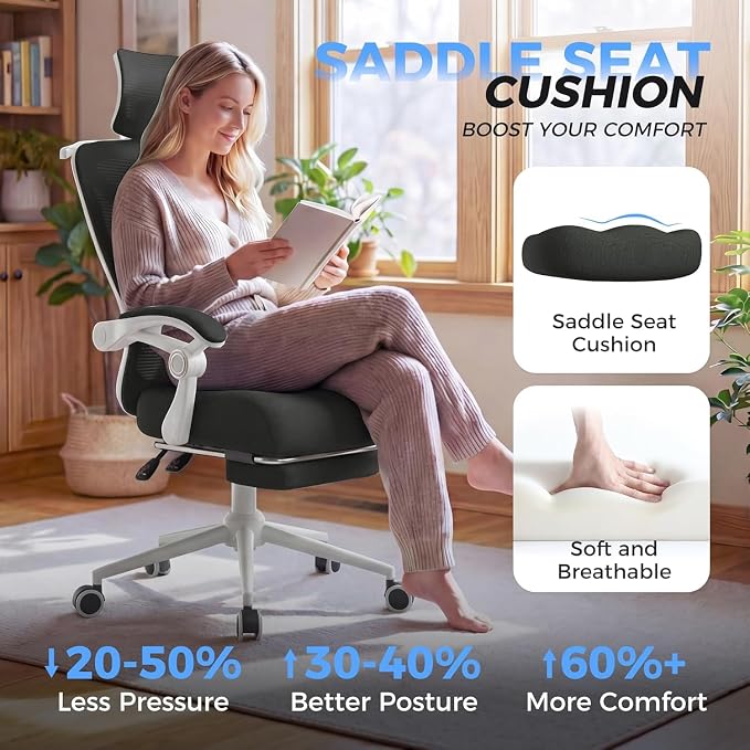Ergonomic Office Chair with Footrest - Adjustable Lumbar Support & Headrest, 90-160° Reclining Mesh Back Computer Chair - Home Office/Gaming, 330lbs Capacity