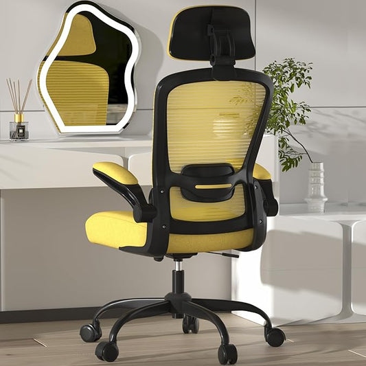 Mimoglad Office Chair, High Back Ergonomic Desk Chair with Adjustable Lumbar Support and Headrest, with flip-up Armrests for Guitar Playing, 5 Years Warranty (Modern, Vivid Yellow(Black Frame))