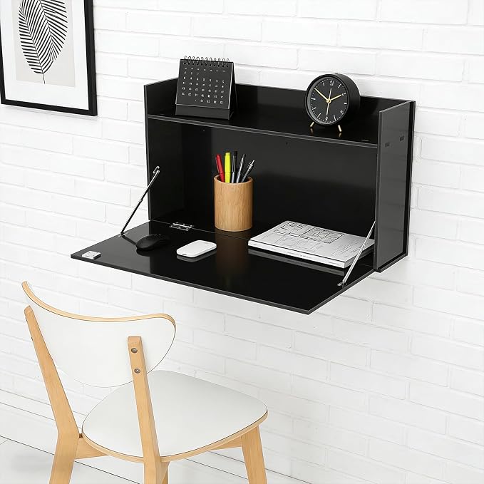 Wall-Mounted Foldable Desk Cabinet with Storage Drawers, Space-Saving PVC Organizer for Home Office, Study Room, Bedroom, Small Apartment & Remote Work (Black)