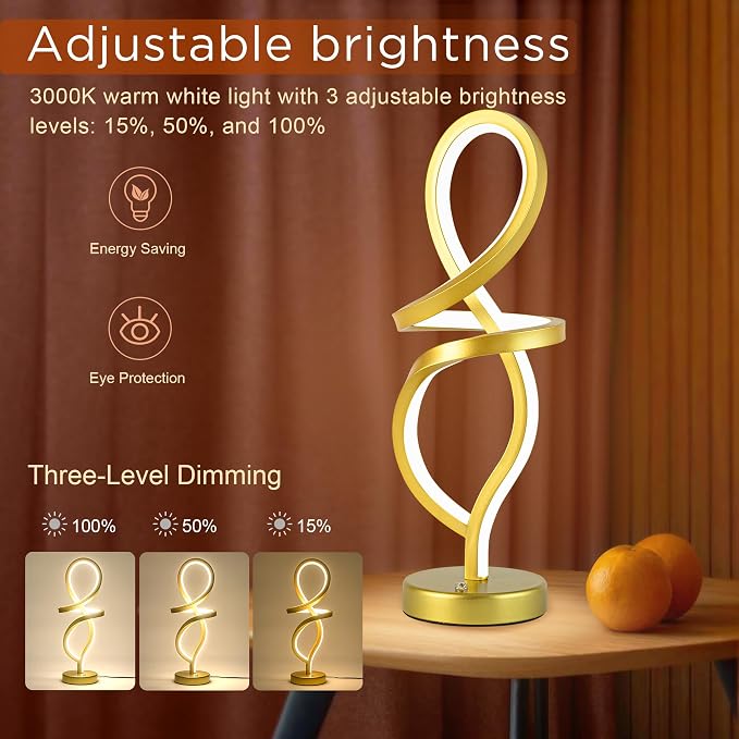 Mayful Modern RGB Table Lamp with 15W LED Unique Spiral Design, Gold Small Nightstand Lamp & Bedside Lamps, Touch Dimmable with 7 Colors & 10 Modes for Bedroom, Living Room, Home Office