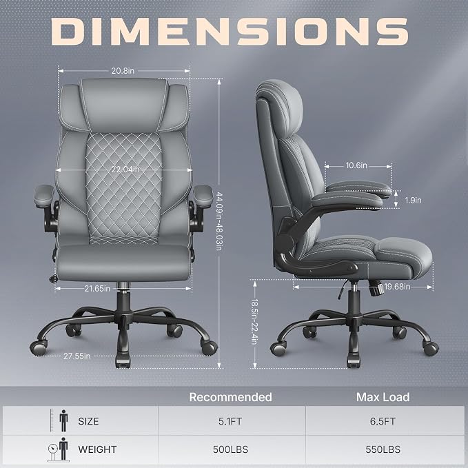 Office Chair-Executive High Back Breathable Comfy Desk Chair with Flip-up Armrests Lumbar Support-Ergonomic Leather Rolling Swivel Chair with Rock Function for Working,2 Pack