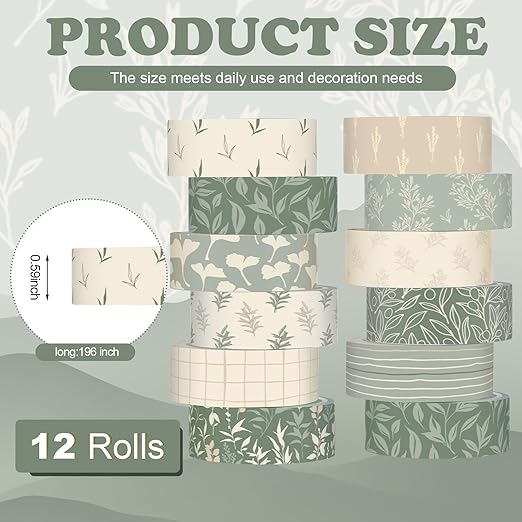 12 Rolls Watercolor Floral Washi Tape Set 15 mm Vintage Flower Decorative Masking Tape for Summer School Arts DIY Craft Scrapbook Journal Supplies Gifts(Sage Green,Leaves)